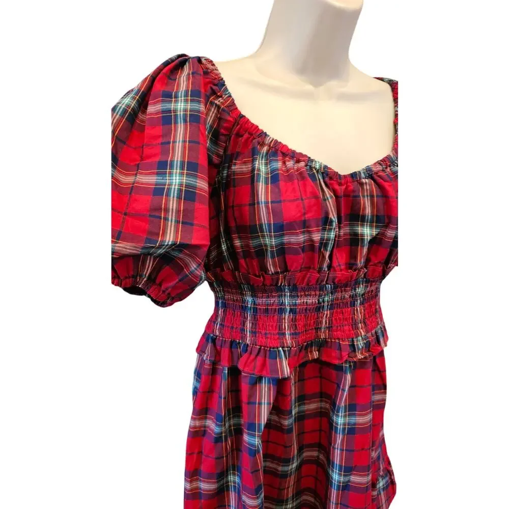 phoebe check puff sleeve mini dress in red multi tartan holiday Christmas M - Picture 3 of 10
